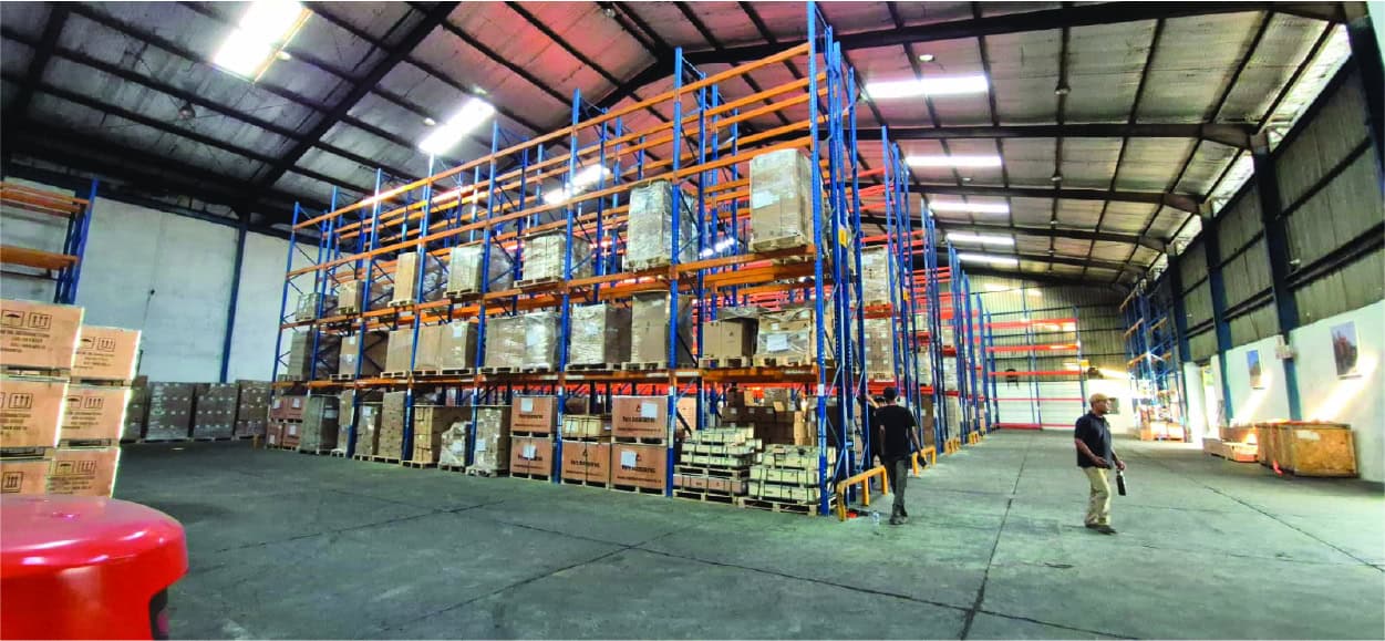 Modern warehouse storage facility with organized shelving and inventory.