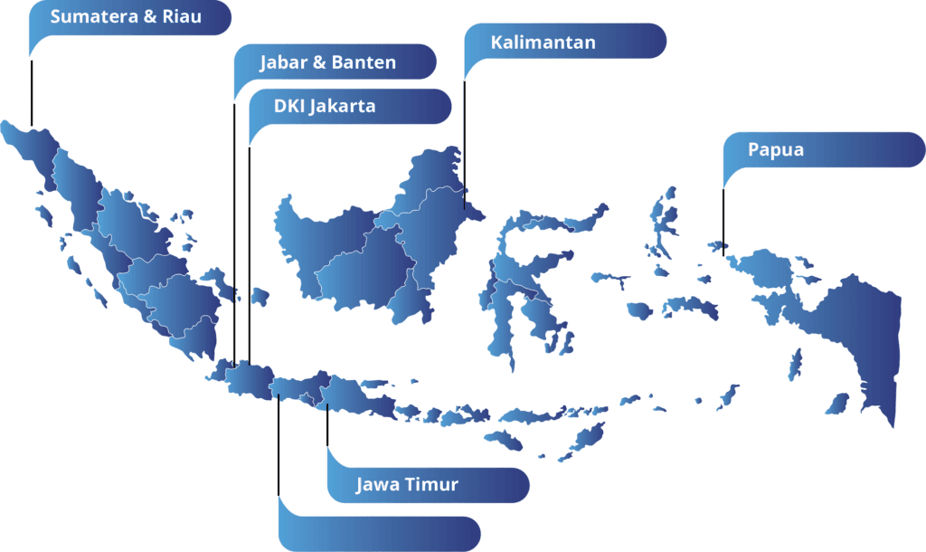 Map showing PT Dinamika Cipta Sejahtera's service regions across Indonesia.